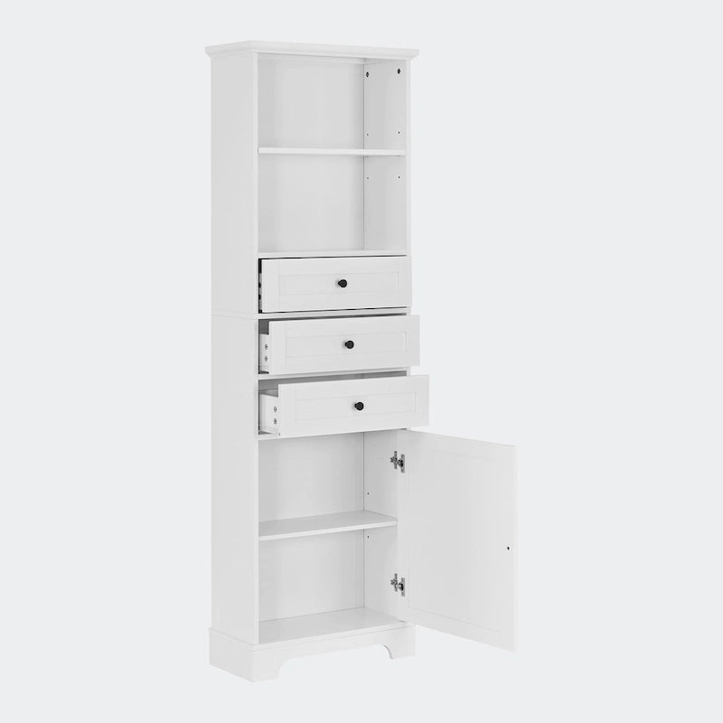 Armoire de rangement haute avec 3 tiroirs, étagères réglables et dispositif anti-basculement