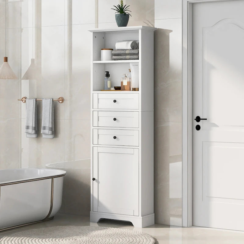 Armoire de rangement haute avec 3 tiroirs, étagères réglables et dispositif anti-basculement
