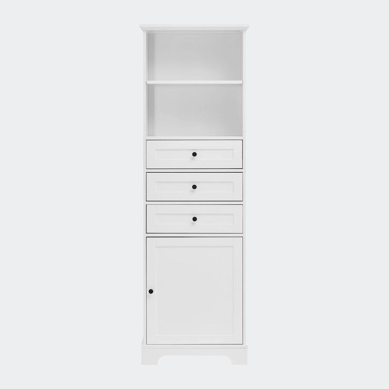 Armoire de rangement haute avec 3 tiroirs, étagères réglables et dispositif anti-basculement