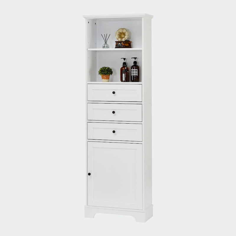 Armoire de rangement haute avec 3 tiroirs, étagères réglables et dispositif anti-basculement