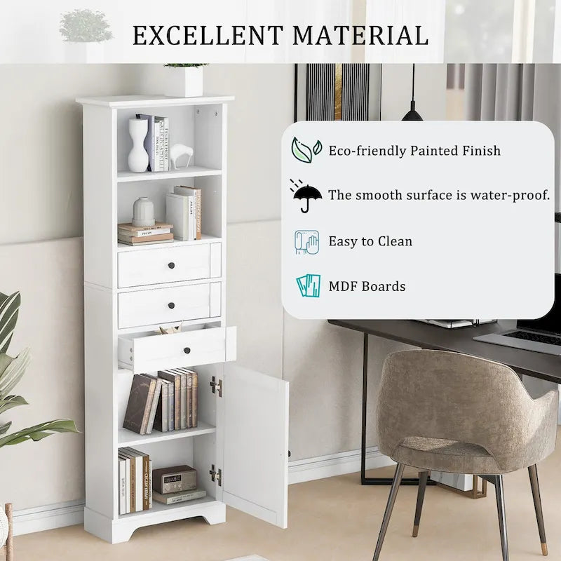 Armoire de rangement haute avec 3 tiroirs, étagères réglables et dispositif anti-basculement