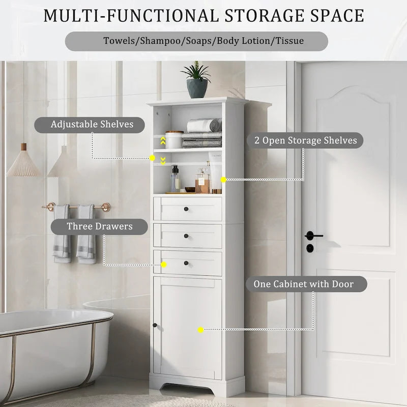 Armoire de rangement haute avec 3 tiroirs, étagères réglables et dispositif anti-basculement