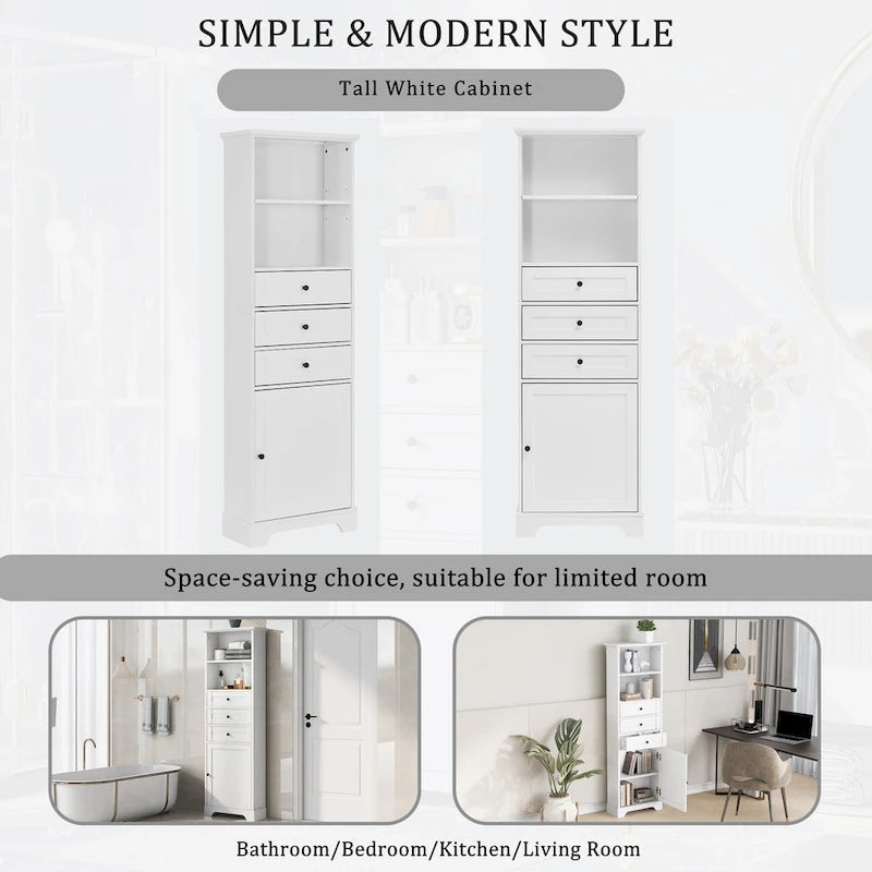 Armoire de rangement haute avec 3 tiroirs, étagères réglables et dispositif anti-basculement