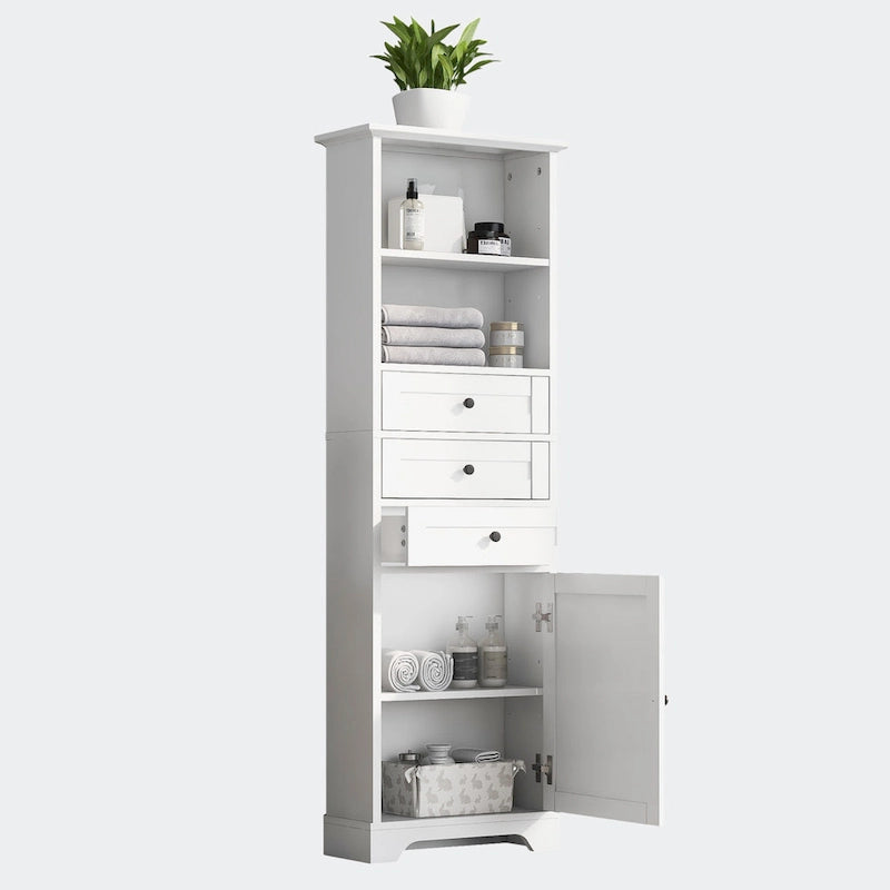 Armoire de rangement haute avec 3 tiroirs, étagères réglables et dispositif anti-basculement