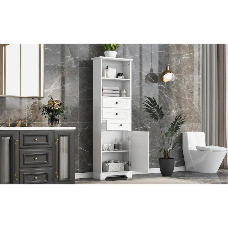 Armoire de rangement haute avec 3 tiroirs, étagères réglables et dispositif anti-basculement