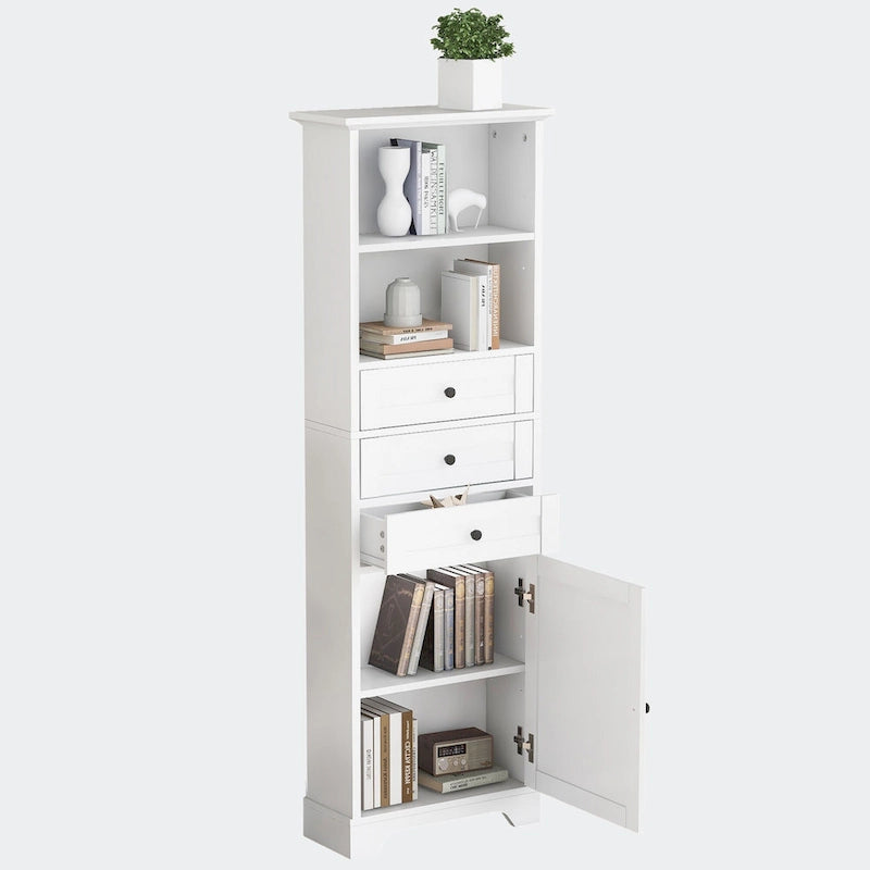 Armoire de rangement haute avec 3 tiroirs, étagères réglables et dispositif anti-basculement
