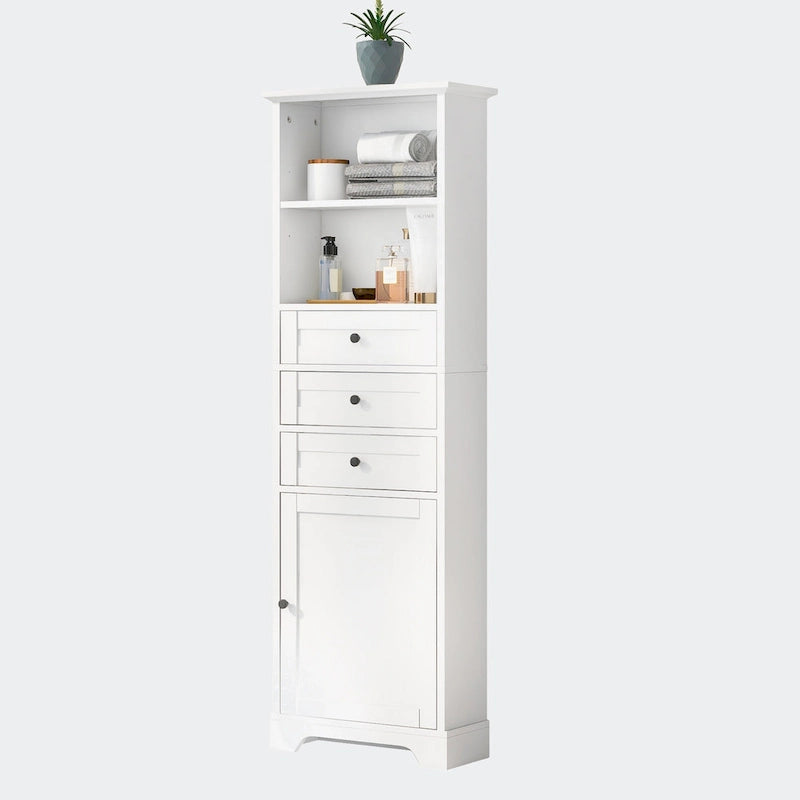 Armoire de rangement haute avec 3 tiroirs, étagères réglables et dispositif anti-basculement