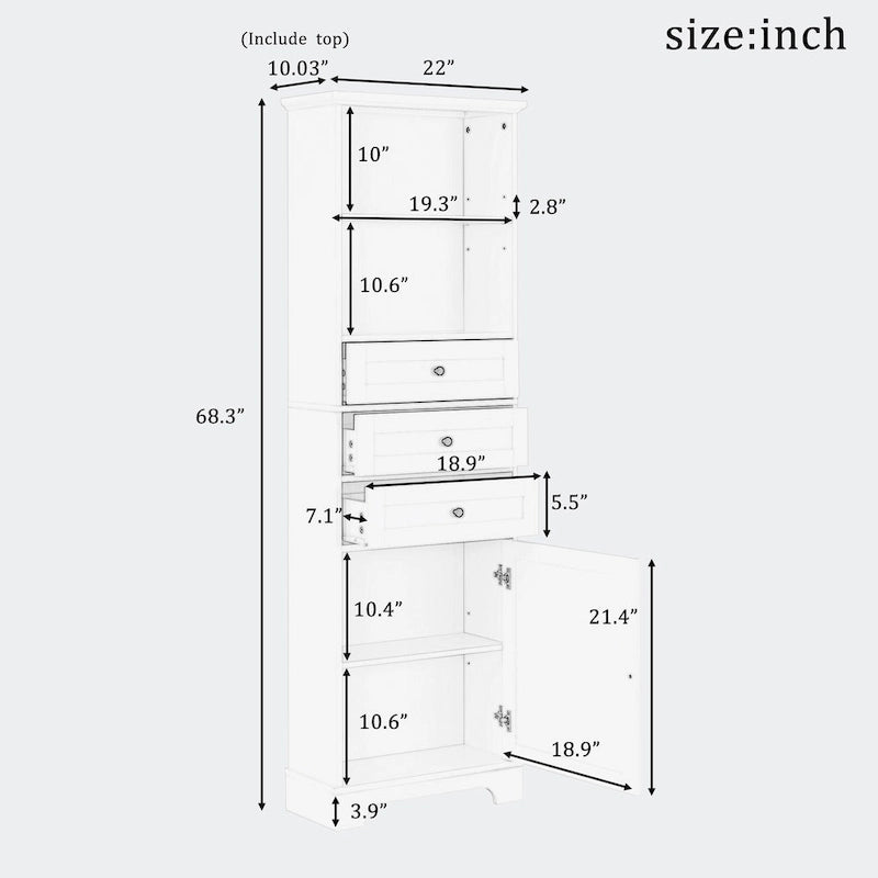 Armoire de rangement haute avec 3 tiroirs, étagères réglables et dispositif anti-basculement