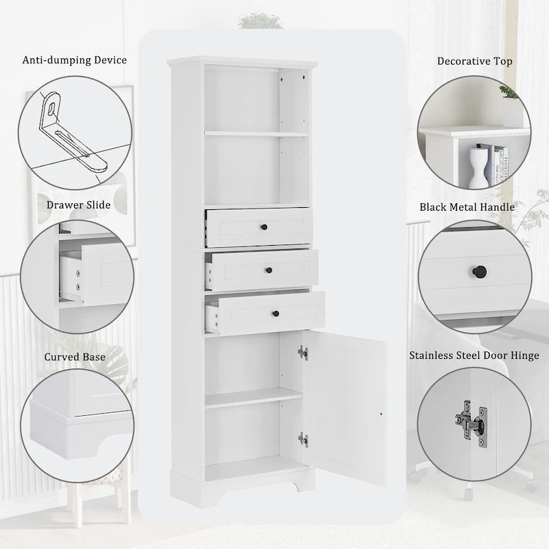 Armoire de rangement haute avec 3 tiroirs, étagères réglables et dispositif anti-basculement