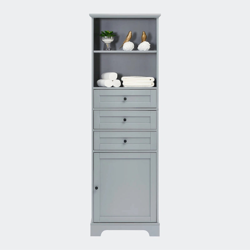Armoire de rangement haute avec 3 tiroirs, étagères réglables et dispositif anti-basculement