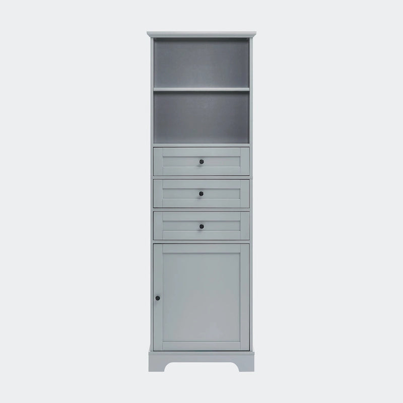 Armoire de rangement haute avec 3 tiroirs, étagères réglables et dispositif anti-basculement