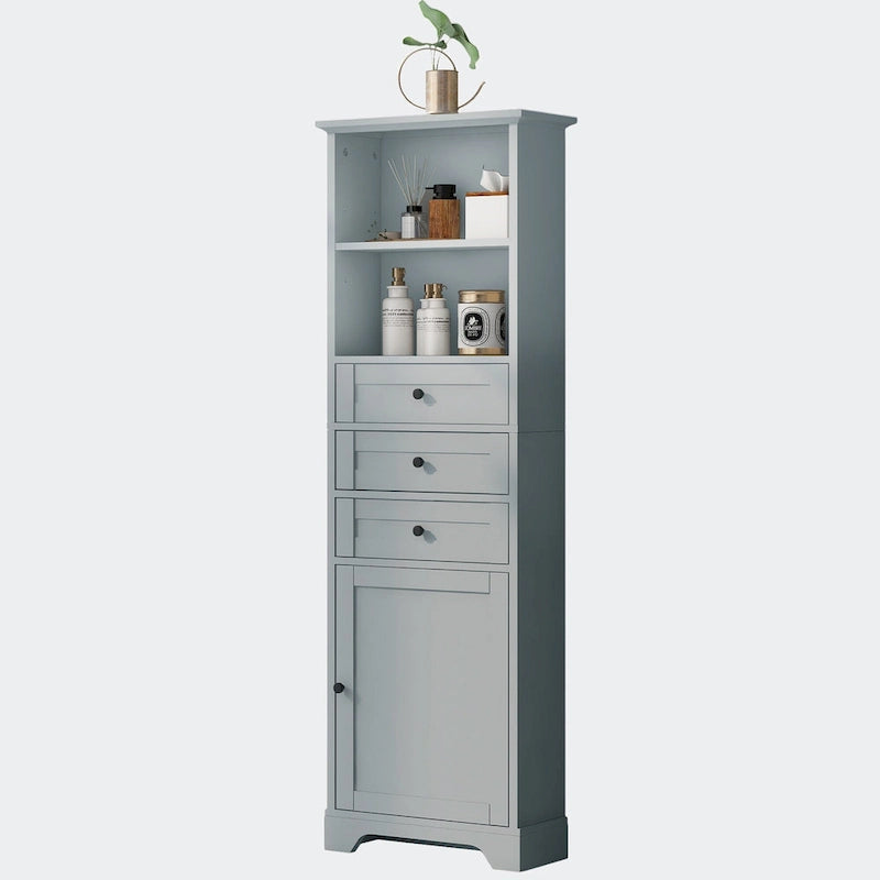 Armoire de rangement haute avec 3 tiroirs, étagères réglables et dispositif anti-basculement