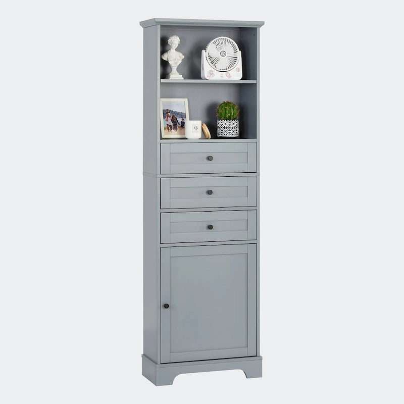 Armoire de rangement haute avec 3 tiroirs, étagères réglables et dispositif anti-basculement