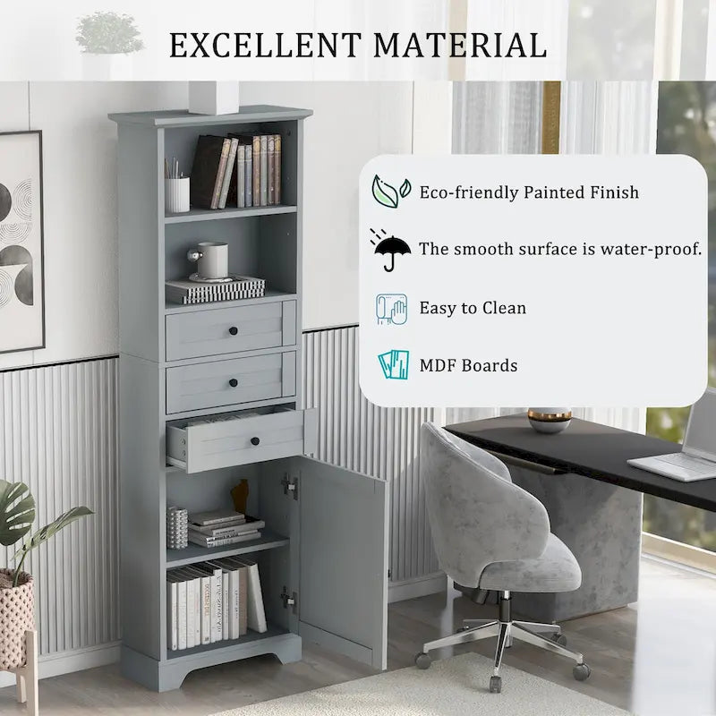 Armoire de rangement haute avec 3 tiroirs, étagères réglables et dispositif anti-basculement