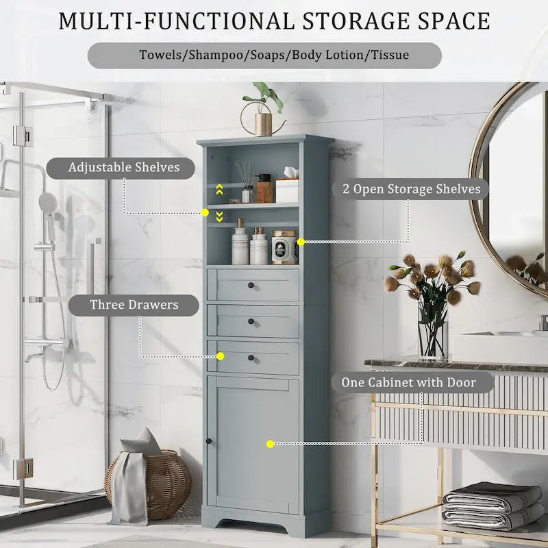 Armoire de rangement haute avec 3 tiroirs, étagères réglables et dispositif anti-basculement