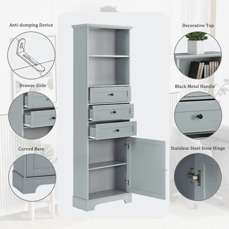 Armoire de rangement haute avec 3 tiroirs, étagères réglables et dispositif anti-basculement