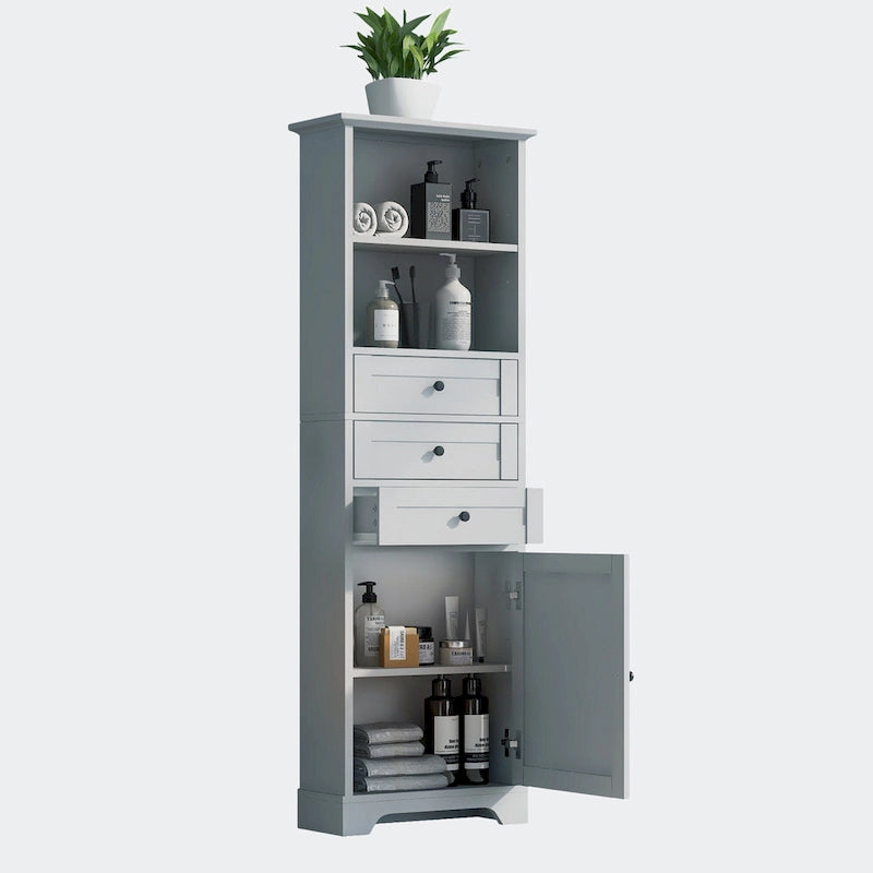 Armoire de rangement haute avec 3 tiroirs, étagères réglables et dispositif anti-basculement