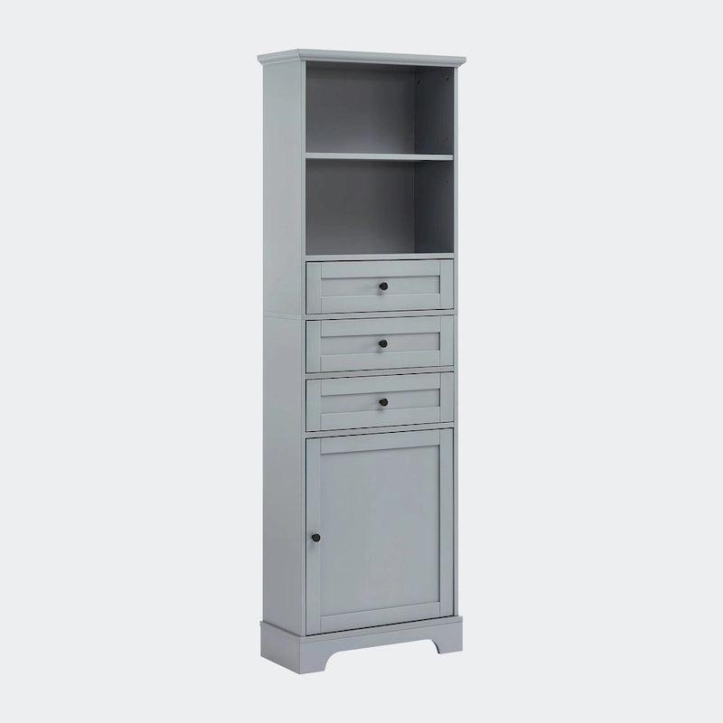 Armoire de rangement haute avec 3 tiroirs, étagères réglables et dispositif anti-basculement