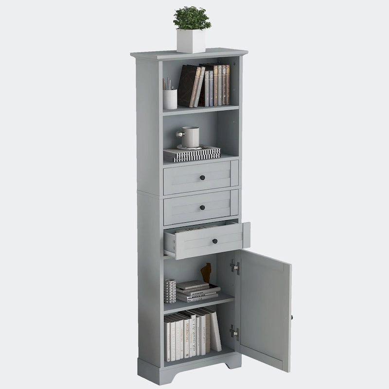 Armoire de rangement haute avec 3 tiroirs, étagères réglables et dispositif anti-basculement