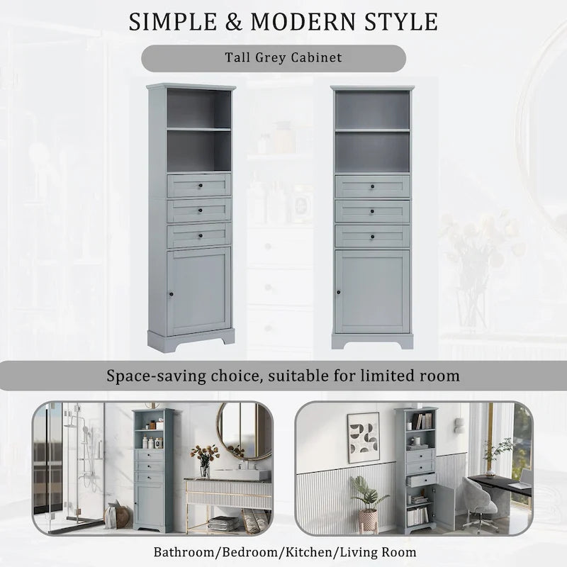 Armoire de rangement haute avec 3 tiroirs, étagères réglables et dispositif anti-basculement