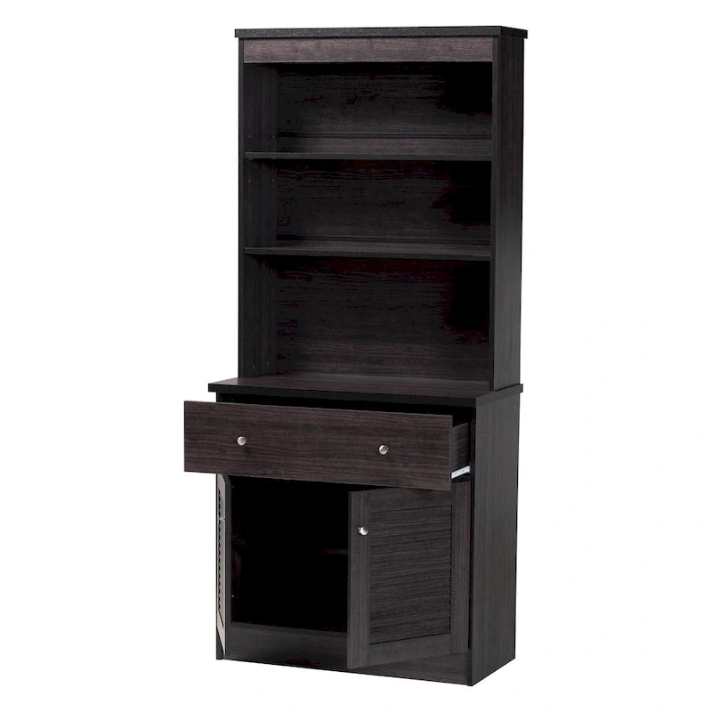 Meuble de rangement de cuisine traditionnel en bois brun foncé avec huche et étagères ouvertes