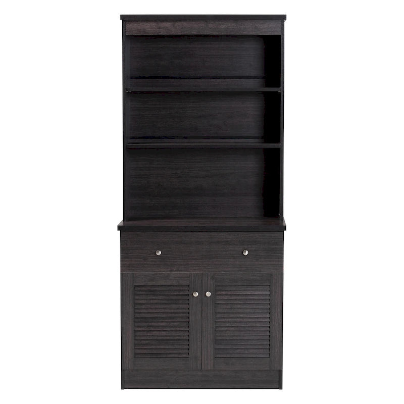 Meuble de rangement de cuisine traditionnel en bois brun foncé avec huche et étagères ouvertes