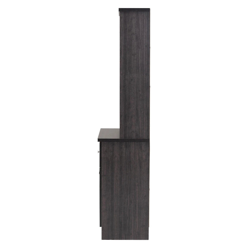 Meuble de rangement de cuisine traditionnel en bois brun foncé avec huche et étagères ouvertes