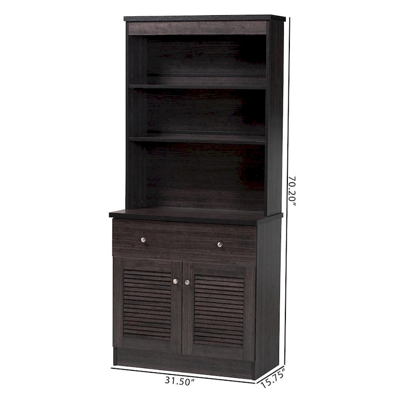 Meuble de rangement de cuisine traditionnel en bois brun foncé avec huche et étagères ouvertes