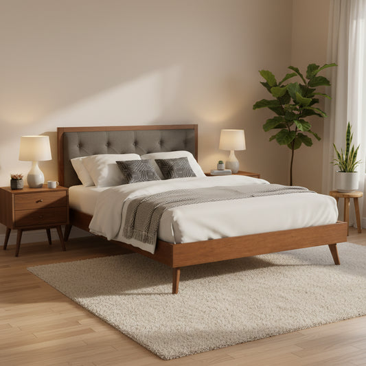 62.75  brown and gray queen size bed frame with upholstered headboard