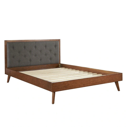 62.75  brown and gray queen size bed frame with upholstered headboard