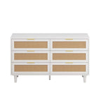 Commode de rangement à 6 tiroirs en rotin, blanc, design en rotin naturel