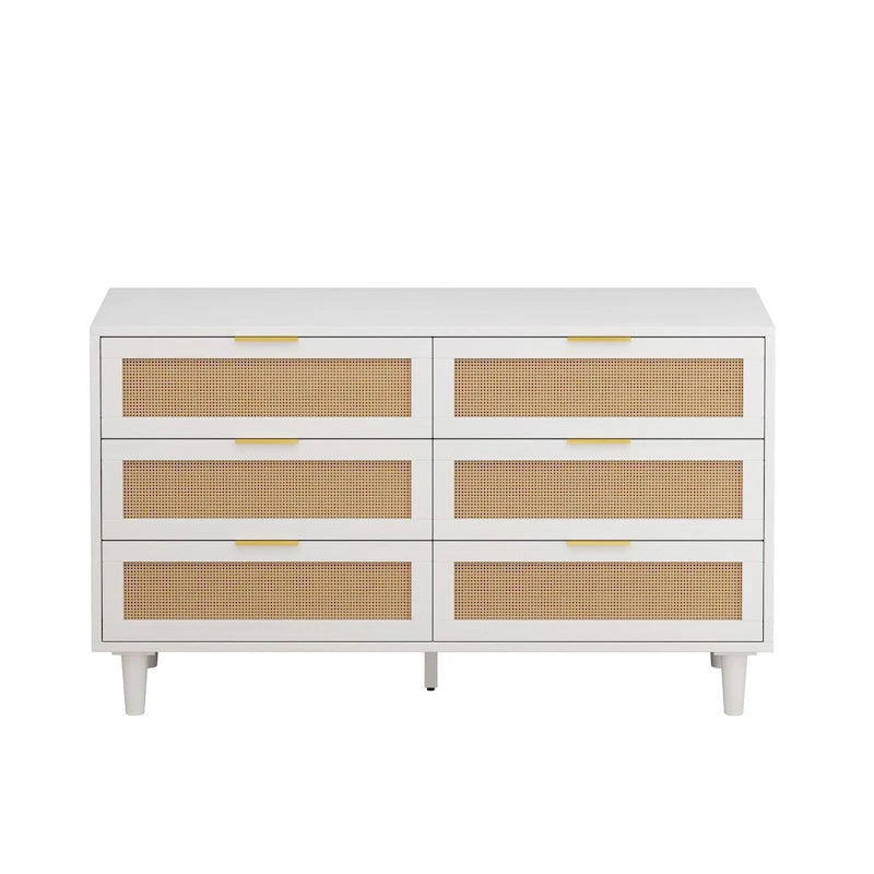 Commode de rangement à 6 tiroirs en rotin, blanc, design en rotin naturel
