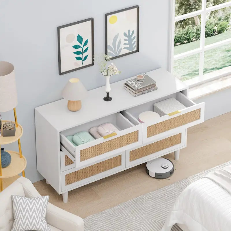 Commode de rangement à 6 tiroirs en rotin, blanc, design en rotin naturel