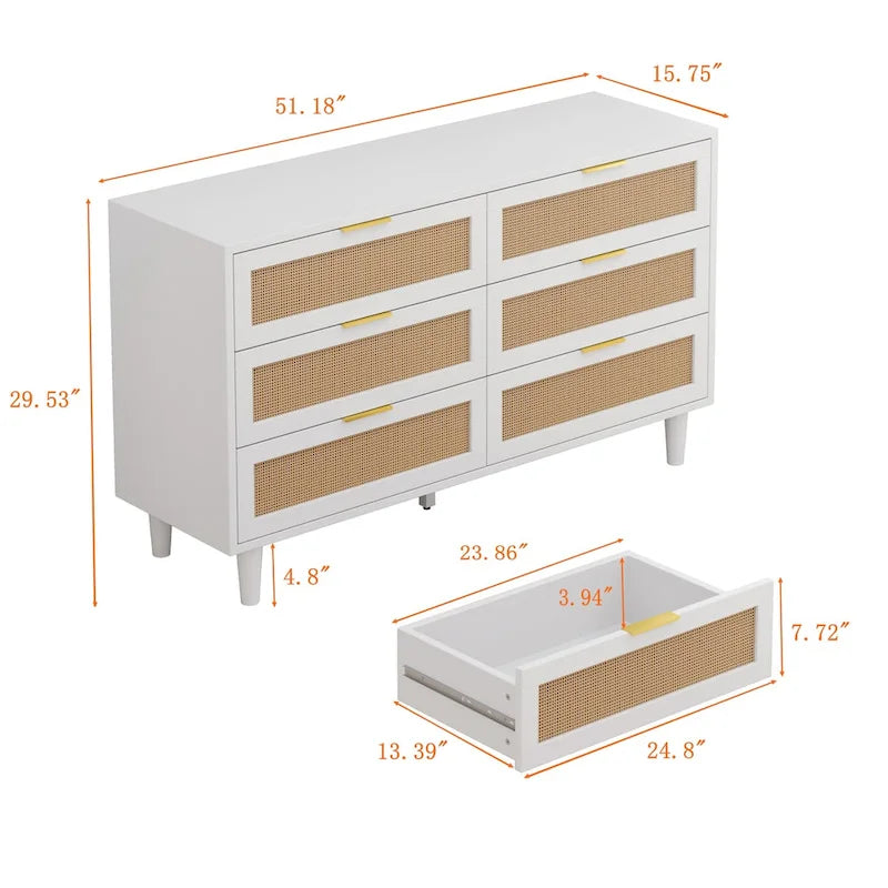 Commode de rangement à 6 tiroirs en rotin, blanc, design en rotin naturel