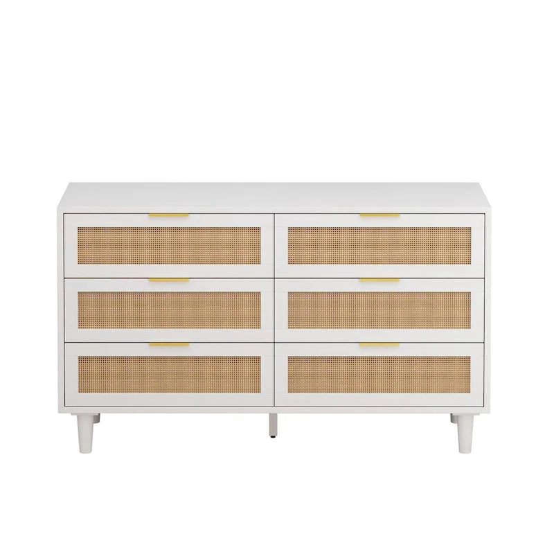 Commode de rangement à 6 tiroirs en rotin, blanc, design en rotin naturel