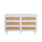 Commode de rangement à 6 tiroirs en rotin, blanc, design en rotin naturel