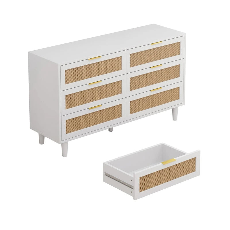 Commode de rangement à 6 tiroirs en rotin, blanc, design en rotin naturel