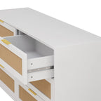 Commode de rangement à 6 tiroirs en rotin, blanc, design en rotin naturel