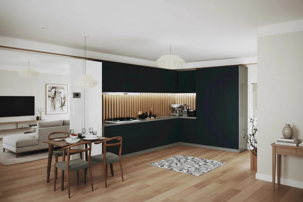 Meuble bas de cuisine noir, 3,65 m de large, 144x102, fabriqué en Europe, aggloméré E1