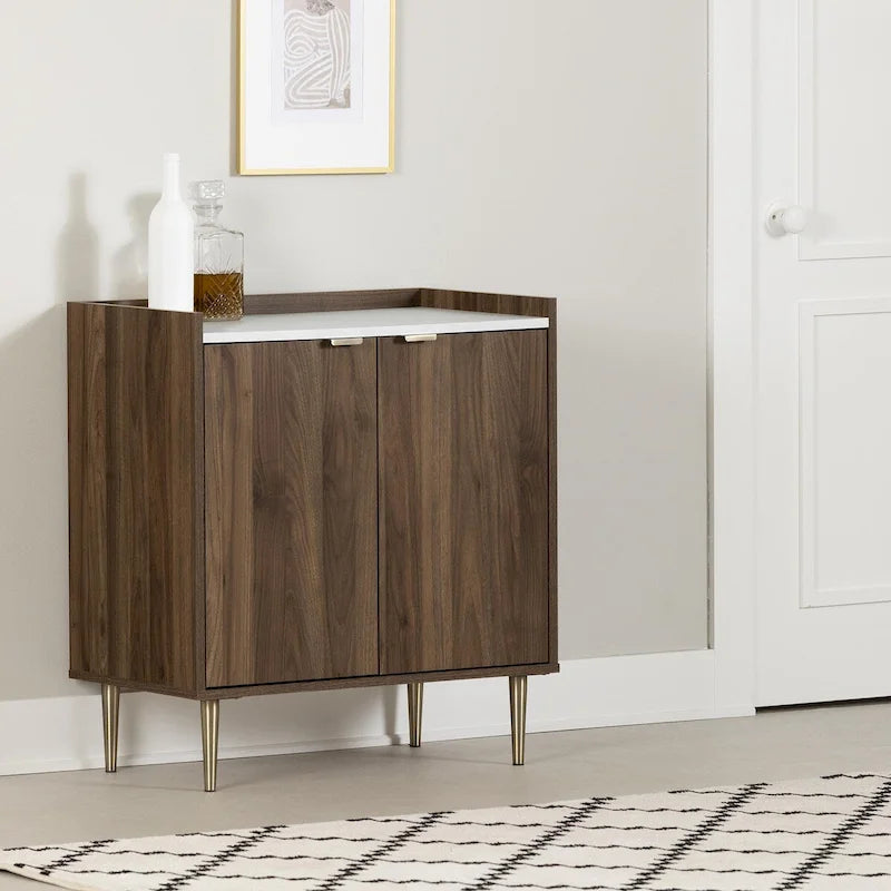 Buffet deux portes Mid-Century Glam avec accents dorés et étagère réglable