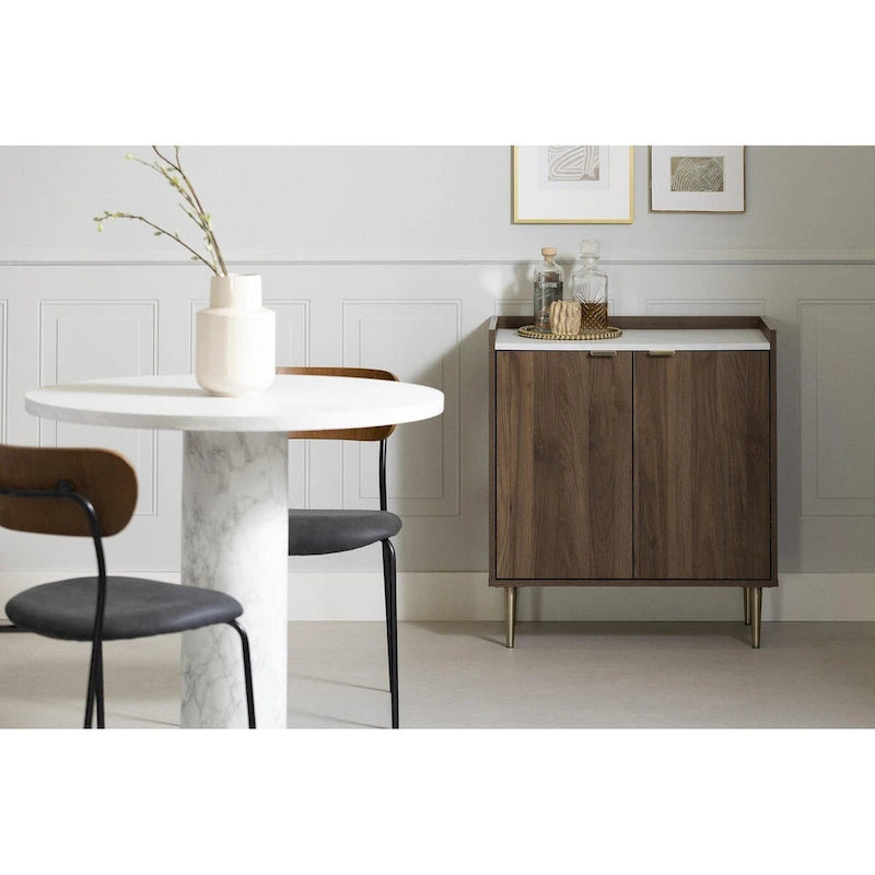 Buffet deux portes Mid-Century Glam avec accents dorés et étagère réglable