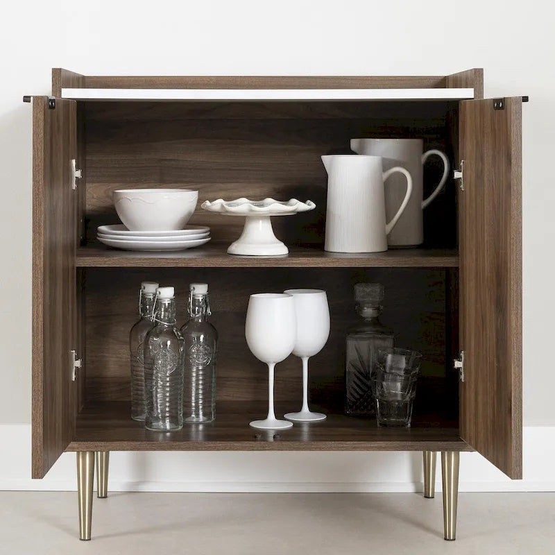Buffet deux portes Mid-Century Glam avec accents dorés et étagère réglable