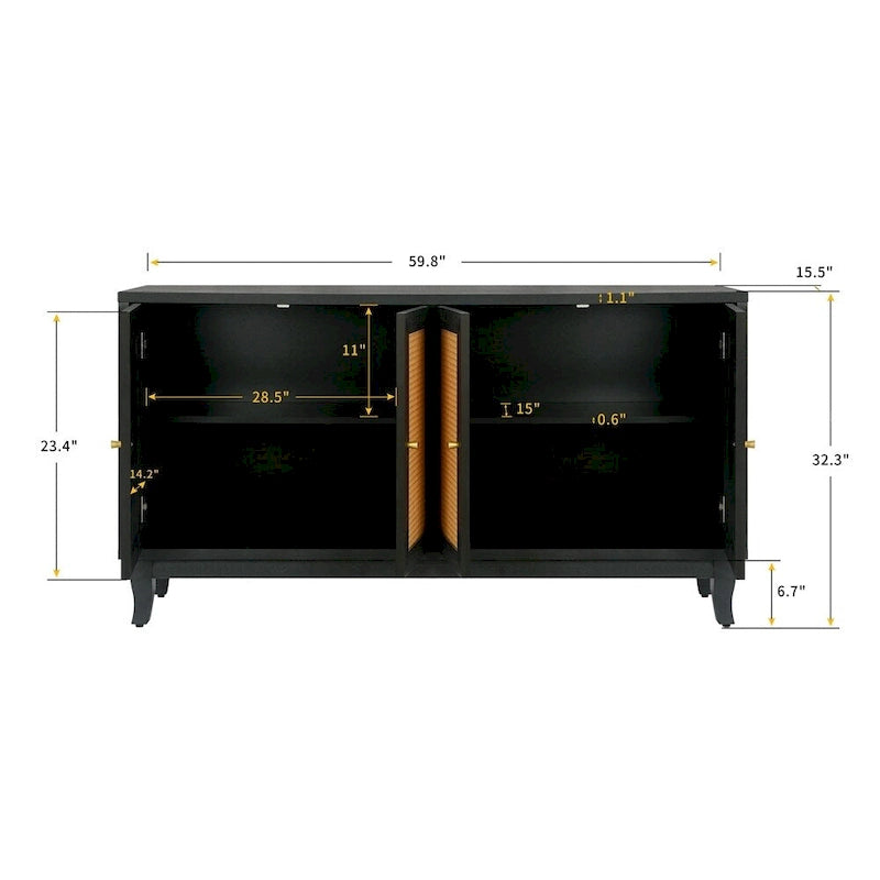 Bahut en rotin avec 4 portes en rotin, 152 cm (L) x 80 cm (H)
