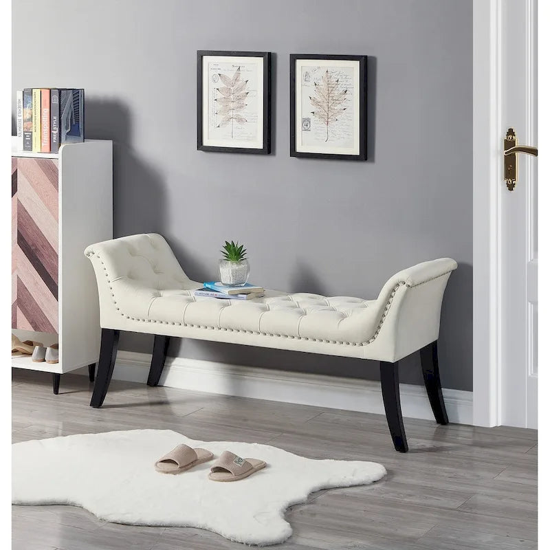 Banquette d'appoint en velours capitonné avec accoudoirs, 50L x 24.5H
