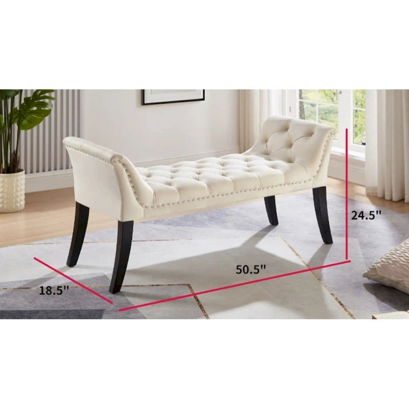 Banquette d'appoint en velours capitonné avec accoudoirs, 50L x 24.5H