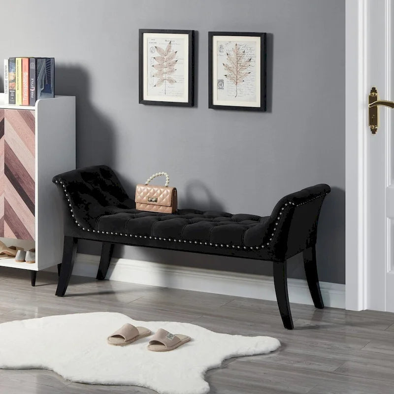 Banquette d'appoint en velours capitonné avec accoudoirs, 50L x 24.5H