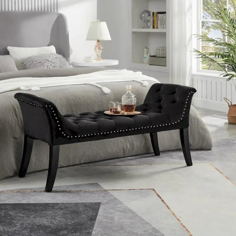 Banquette d'appoint en velours capitonné avec accoudoirs, 50L x 24.5H