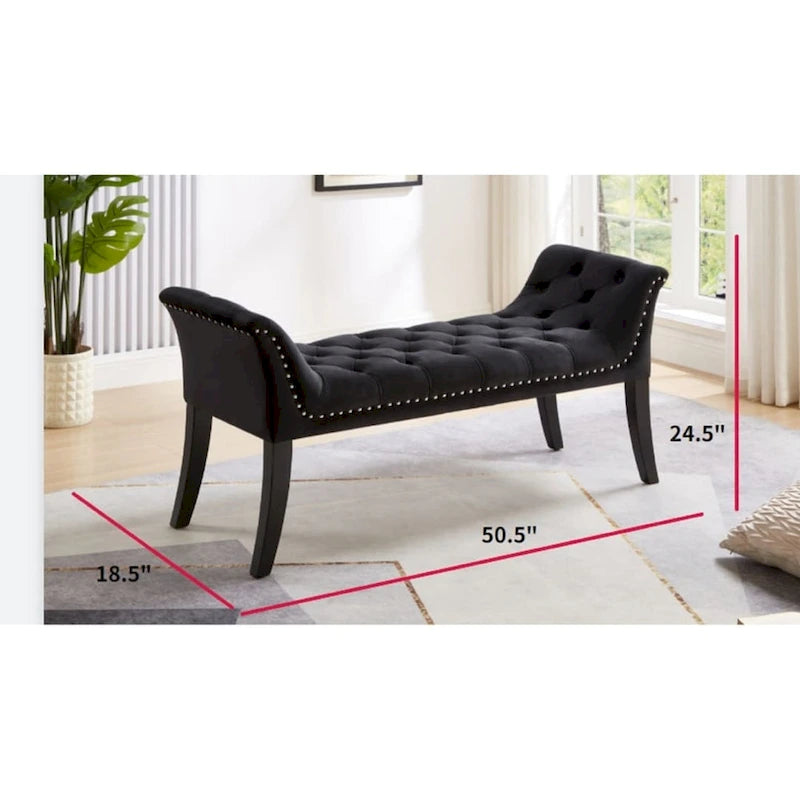 Banquette d'appoint en velours capitonné avec accoudoirs, 50L x 24.5H