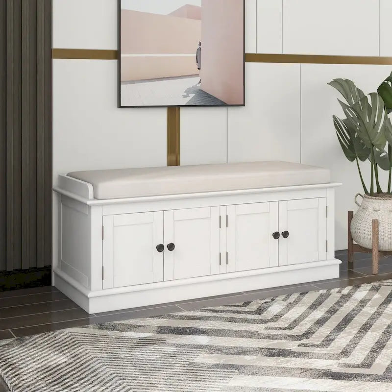 Banc de rangement avec 4 portes, étagères réglables et coussin amovible, entrée