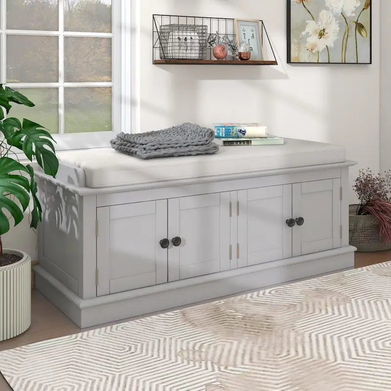 Banc de rangement avec 4 portes, étagères réglables et coussin amovible, entrée